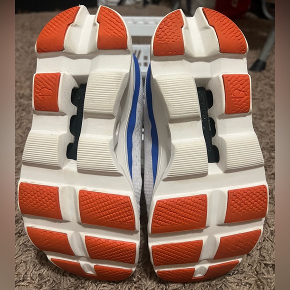 On Cloudmonster running shoe in a white and blue colorway. - Picture 7 of 9